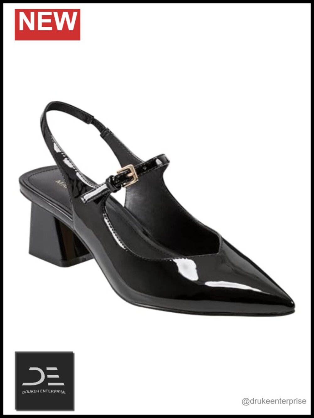Faux Patent Leather Pointy Toe Slingback Pumps Block Heel Dress Shoes